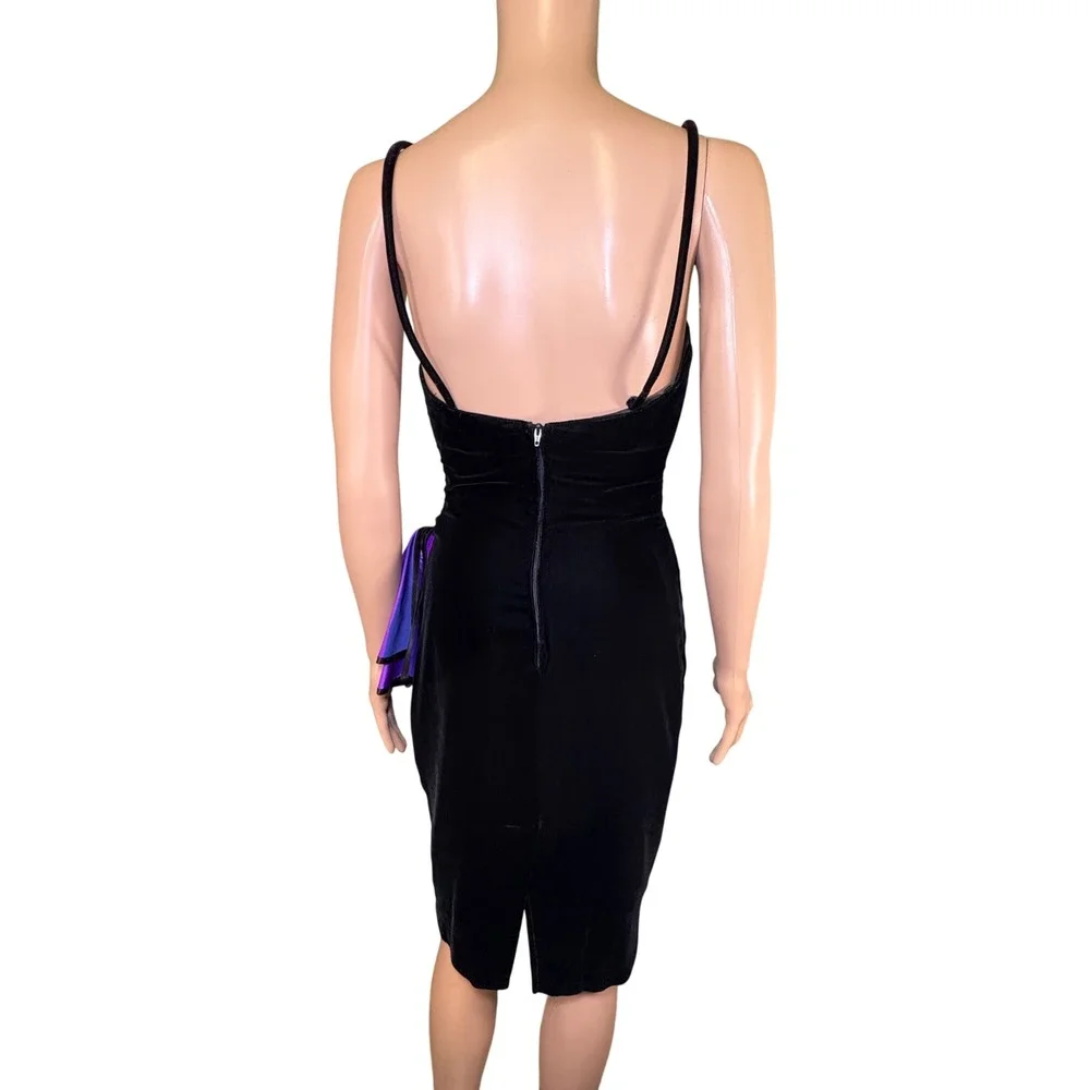 Vintage New Leaf 80s Black Velvet Purple Ruffle Beaded Floral Cocktail Dress 4 - Picture 4 of 10